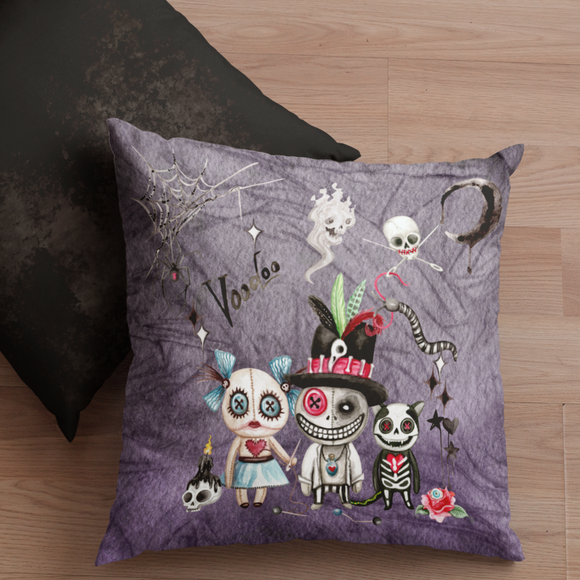 Halloween Throw Pillow/ Spooky Moon Cute Watercolor Voodoo Dolls And Black Magic Spells Cat Decor