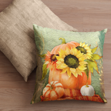 Autumn Fall Pillow/ Watercolor Yellow Sunflowers And Pumpkins With Colored Pampas Grasses Decor