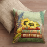 Autumn Fall Pillow/ Watercolor Yellow Sunflowers On Stacked Books With Colored Pampas Grasses Decor