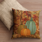 Autumn Fall Pillow/ Watercolor Teal, Chestnut And Orange Pumpkins With Rust Fall Leaves Decor