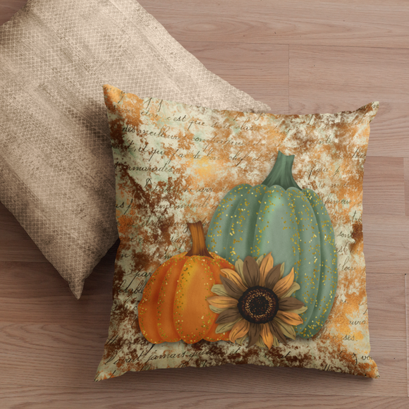 Autumn Fall Pillow/ Watercolor Teal And Orange Pumpkins With Sunflower Decor