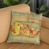 Autumn Fall Pillow/ Watercolor Umbrella, Rain Boots With Orange Leaves On Gold Vintage Journal Background Decor