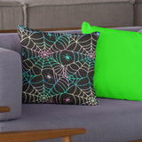 Halloween Throw Pillow/ Retro Neon Green, Pink And Blue Spiders And Webs Decor
