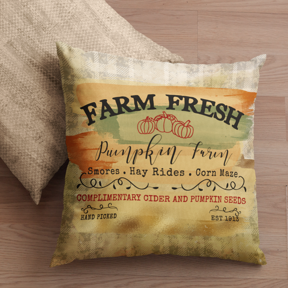 Autumn Fall Pillow/ Farm Fresh Pumpkins Hay Rides, Corn Maze Sign Orange And Green Plaid Farmhouse Decor