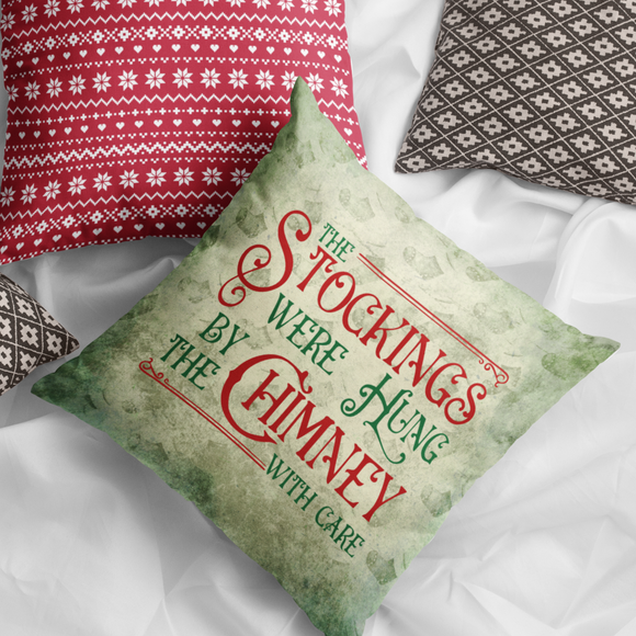 Christmas Pillow/ Retro Stockings Were Hung By The Chimney With Care Quote On Vintage Green Parchment Background Holiday Décor