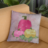 Autumn Fall Pillow/ Pink And Gold Glam Pumpkins With Green Glitter Imaged Oak Leaves Decor