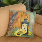Autumn Fall Pillow/ Watercolor Yellow Sunflower And Black Lantern With Wood Fence And Colored Pampas Grasses Decor