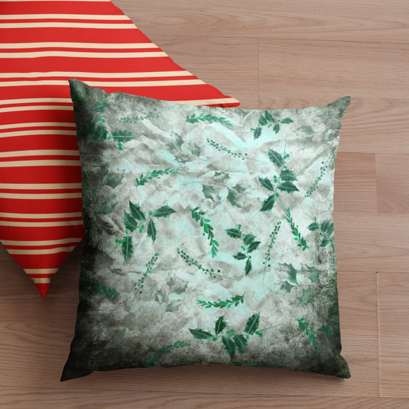 Christmas Pillow/ Emerald Green Holly Leaves And Winter Stems Distressed Vintage Pattern Holiday Décor