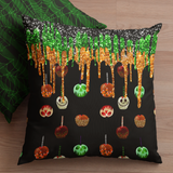 Halloween Throw Pillow/ Caramel Decorated Candy Apples With Glitter Imaged Green, Orange And Black Drips Decor