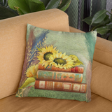 Autumn Fall Pillow/ Watercolor Yellow Sunflowers On Stacked Books With Colored Pampas Grasses Decor