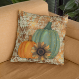 Autumn Fall Pillow/ Watercolor Teal And Orange Pumpkins With Sunflower Decor