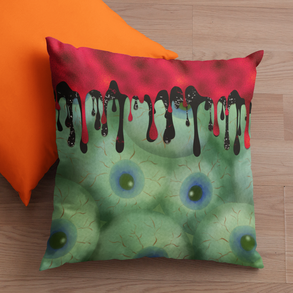 Halloween Throw Pillow/ Gouls Creepy Eyeballs In Liquid With Red And Black Drips Decor