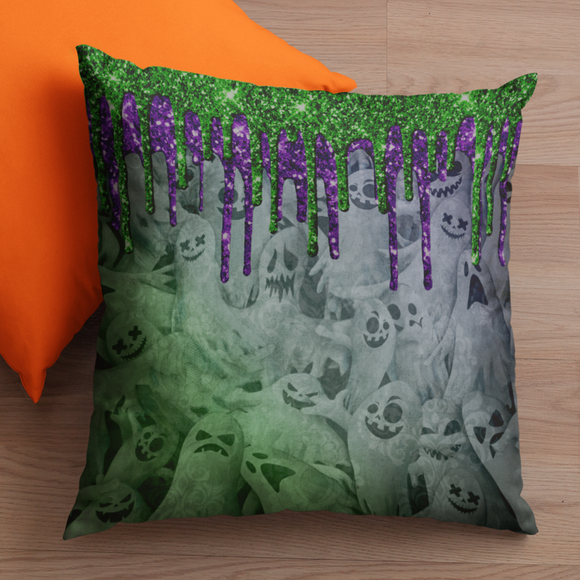 Halloween Throw Pillow/ Spooky Ghosts With Glitter Imaged Green And Purple Glam Drips Decor