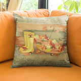 Autumn Fall Pillow/ Watercolor Umbrella, Rain Boots With Orange Leaves On Gold Vintage Journal Background Decor