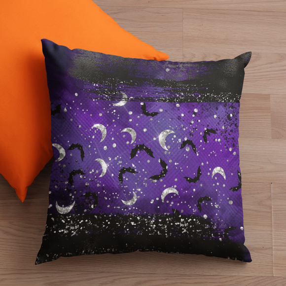 Halloween Throw Pillow/ Purple Glam Silver And Black Glitter Imaged Moons Decor