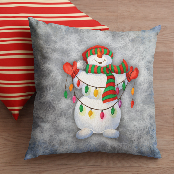 Christmas Pillow/ Watercolor Snowman With Christmas Lights, Hat, Scarf And Mittens On Blue Ombre Winter Background Holiday Décor