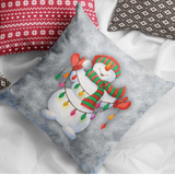 Christmas Pillow/ Watercolor Snowman With Christmas Lights, Hat, Scarf And Mittens On Blue Ombre Winter Background Holiday Décor