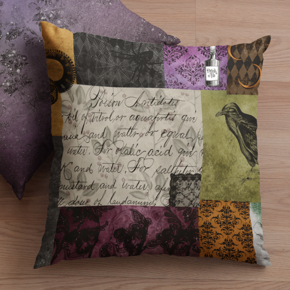 Halloween Throw Pillow/ Gothic Medieval Spooky Apothecary Purple And Orange Patchwork Decor