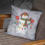 Christmas Pillow/ Watercolor Snowman With Christmas Lights, Hat, Scarf And Mittens On Blue Ombre Winter Background Holiday Décor