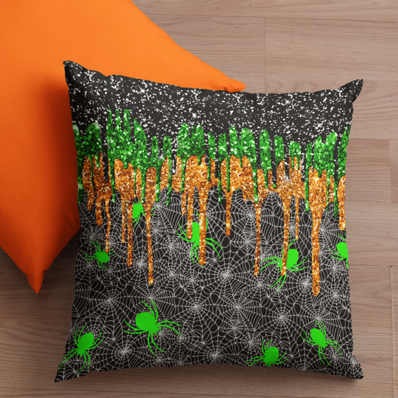Halloween Throw Pillow/ Neon Green Spiders With Glitter Imaged Glam Green, Orange And Black Drips Decor