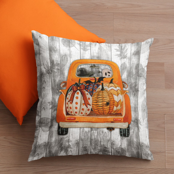 Halloween Throw Pillow/ Harvest Orange Pickup Truck With Pumpkins, Cute Ghost And Witch Decor