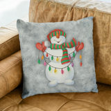 Christmas Pillow/ Watercolor Snowman With Christmas Lights, Hat, Scarf And Mittens On Blue Ombre Winter Background Holiday Décor