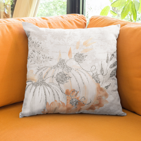Autumn Fall Pillow/ White And Silver Glitter Imaged Glam Pumpkins With Watercolor Orange Leaves Decor