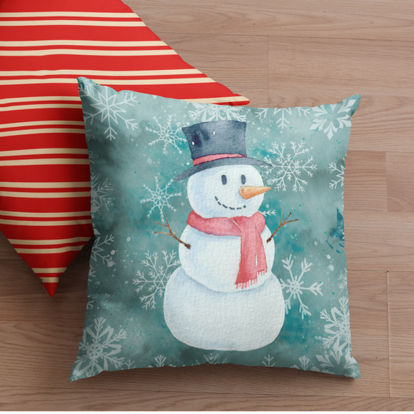 Christmas Pillow/ Watercolor Country Christmas Snowman With Top Hat And Scarf On Blue Snowflake Background Holiday Décor