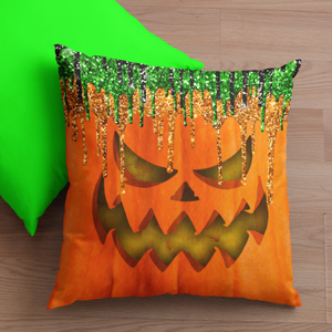 Halloween Throw Pillow/ Evil Jack Olantern Pumpkin With Green And Orange Glitter Imaged Drips Decor