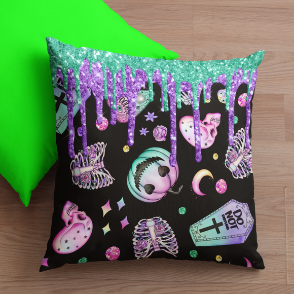 Halloween Throw Pillow/ Pastel Gothic Apothecary And Graveyard Pumpkins, Ghosts, Skeletons, Coffins And Moons Decor