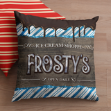 Christmas Pillow/ Retro Vintage Frosty’s Ice Cream Shoppe Blue Candy Stripe Sign With Chocolate Drips Holiday Décor