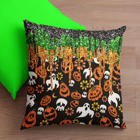 Halloween Jack Olantern Pumpkins, Flying Ghosts And Skulls With Dripping Green, Orange And Black Imaged Glitter