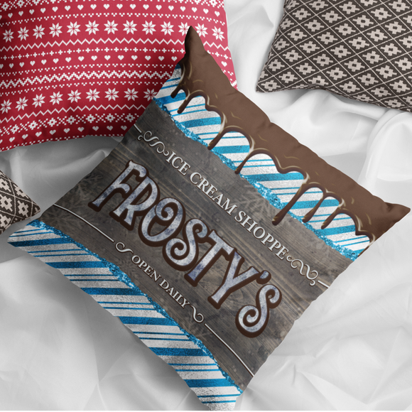 Christmas Pillow/ Retro Vintage Frosty’s Ice Cream Shoppe Blue Candy Stripe Sign With Chocolate Drips Holiday Décor