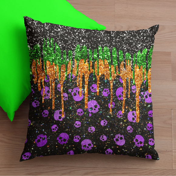 Halloween Throw Pillow/ Purple Skulls Glam Glitter Imaged With Green and Black Drips Decor
