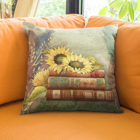 Autumn Fall Pillow/ Watercolor Yellow Sunflowers On Stacked Books With Colored Pampas Grasses Decor