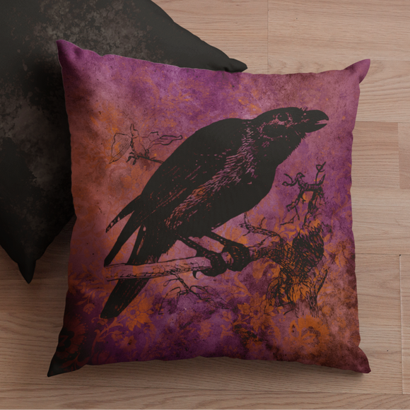 Halloween Throw Pillow/ Raven On Distressed Grunge Purple And Orange Decor