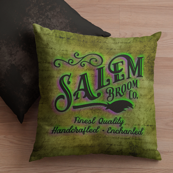 Halloween Throw Pillow/ Salem Witch Broom Company Vintage Purple, Green Store Sign Decor