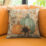 Autumn Fall Pillow/ Watercolor Teal And Orange Pumpkins With Sunflower Decor