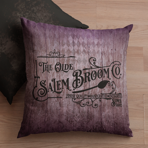 Halloween Throw Pillow/ The Olde Salem Broom Company Vintage Purple, Green Iron Scroll Sign Decor
