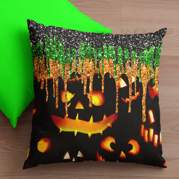 Halloween Throw Pillow/ Spooky Jack O Lanterns With Purple And Green Glitter Imaged Drips Decor