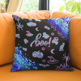 Halloween Throw Pillow/ Boo Glam Blue Ghosts, Witch Hat, Pumpkins, Moon And Stars Decor