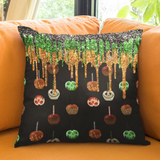 Halloween Throw Pillow/ Caramel Decorated Candy Apples With Glitter Imaged Green, Orange And Black Drips Decor