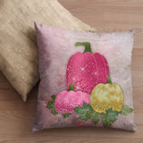 Autumn Fall Pillow/ Pink And Gold Glam Pumpkins With Green Glitter Imaged Oak Leaves Decor