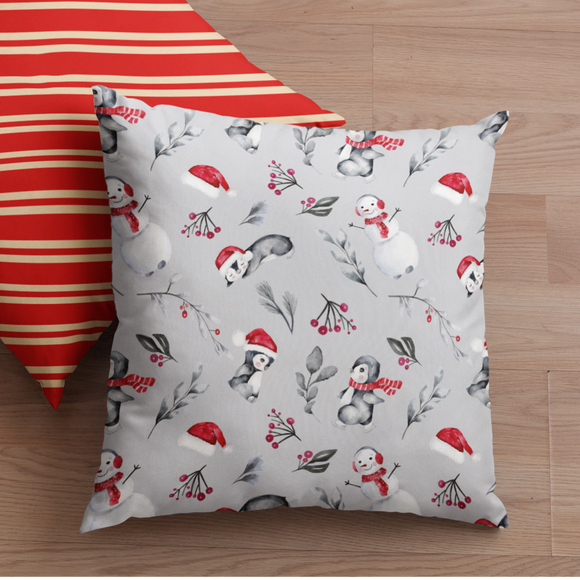 Christmas Pillow/ Watercolor Cute Penguins, Snowmen, Mistletoe and Winter Stems Watercolor Pattern Holiday Décor