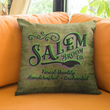 Halloween Throw Pillow/ Salem Witch Broom Company Vintage Purple, Green Store Sign Decor