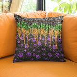 Halloween Throw Pillow/ Purple Skulls Glam Glitter Imaged With Green and Black Drips Decor