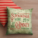 Christmas Pillow/ Retro Stockings Were Hung By The Chimney With Care Quote On Vintage Green Parchment Background Holiday Décor