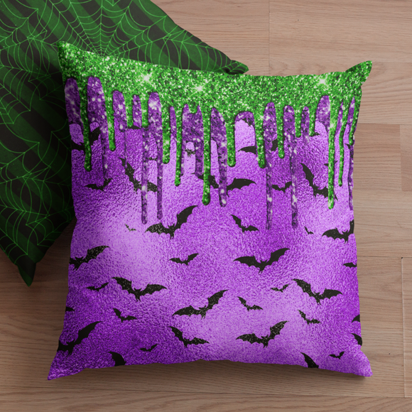 Halloween Throw Pillow/ Purple Glam Imaged Foil With Black Bats Adorned With Green And Purple Glitter Imaged Drips Decor