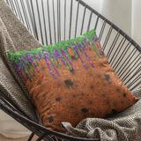 Halloween Throw Pillow/ Creepy Black Spiders On Orange Background With Glitter Imaged Glam Green, And Purple Drips Decor