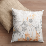 Autumn Fall Pillow/ White And Silver Glitter Imaged Glam Pumpkins With Watercolor Orange Leaves Decor